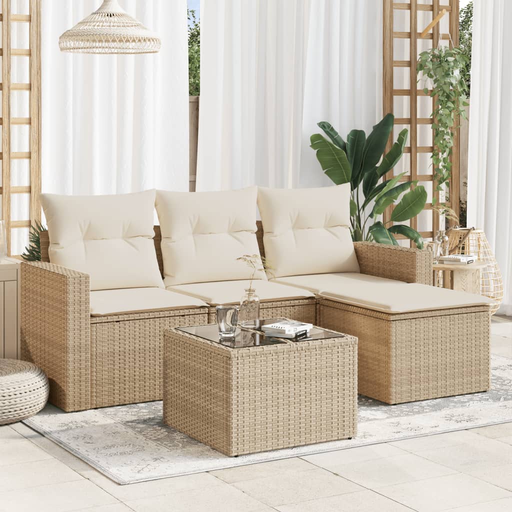 5-delige Loungeset met kussens poly rattan beige