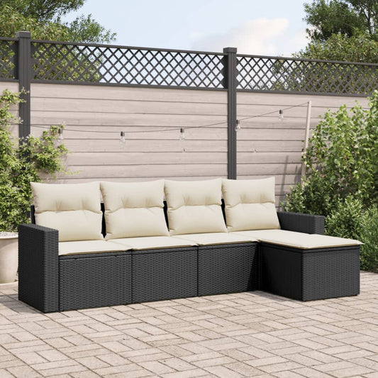 5-delige Loungeset met kussens poly rattan zwart