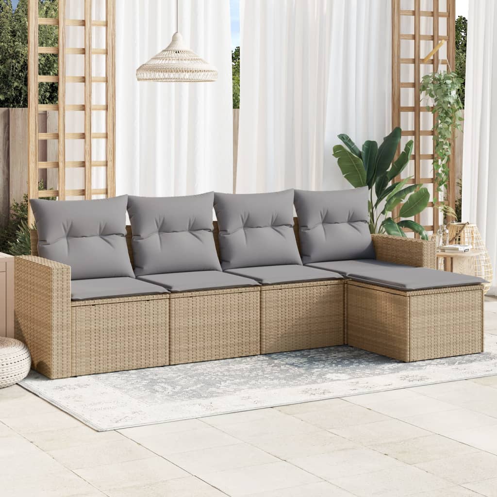 5-delige Loungeset met kussens poly rattan beige