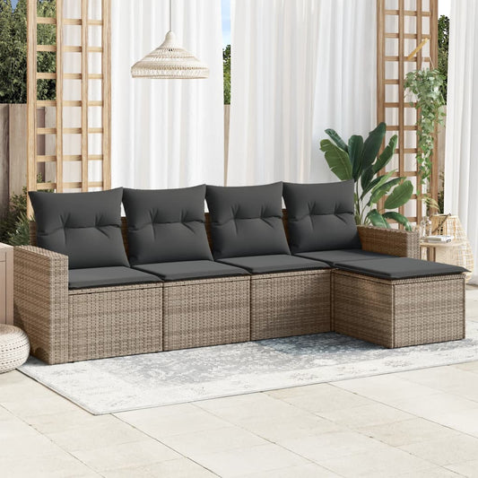 5-delige Loungeset met kussens poly rattan grijs