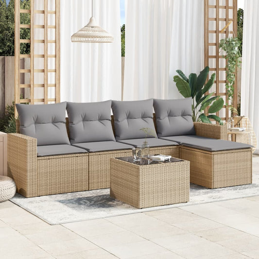 6-delige Loungeset met kussens poly rattan beige