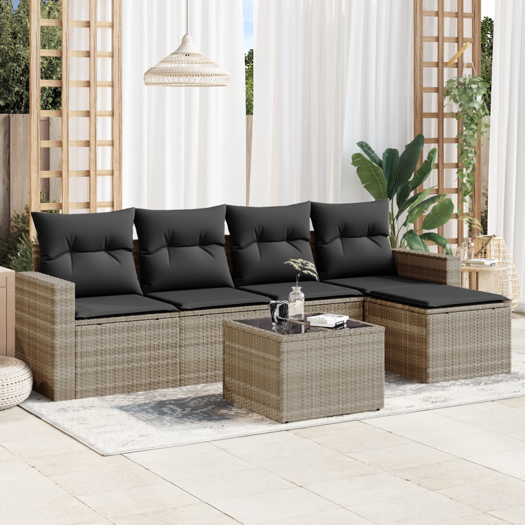 6-delige Loungeset met kussens poly rattan lichtgrijs Modulaire tuinbanken | Creëer jouw Trendy Thuis | Gratis bezorgd & Retour | Trendy.nl