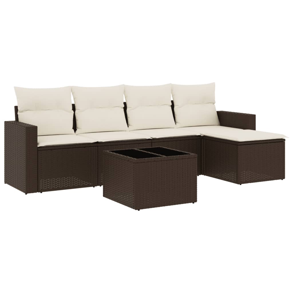 6-delige Loungeset met kussens poly rattan bruin