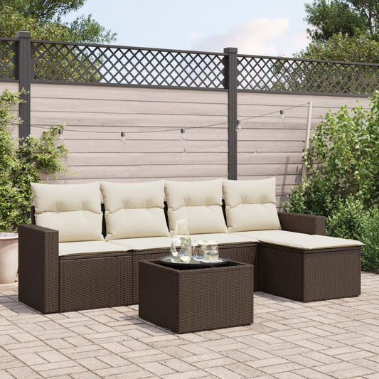 6-delige Loungeset met kussens poly rattan bruin