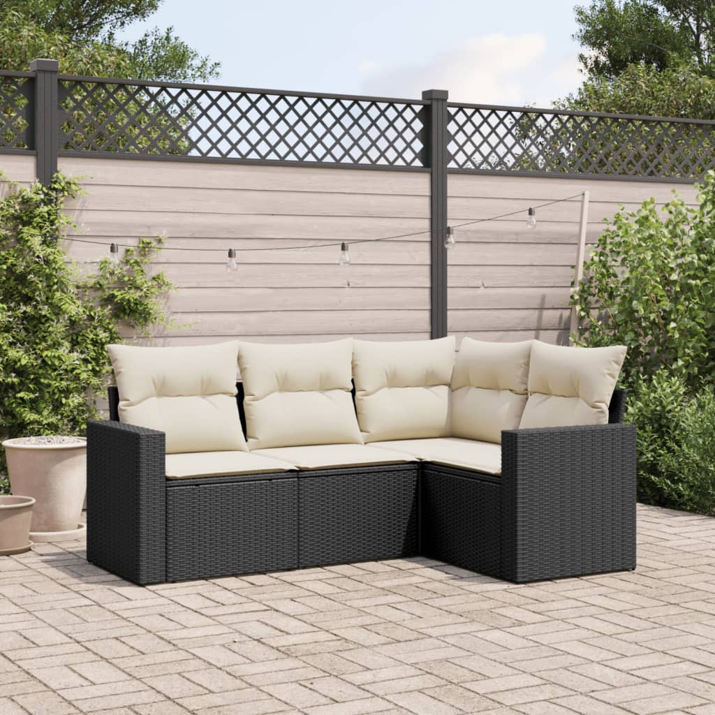 4-delige Loungeset met kussens poly rattan zwart