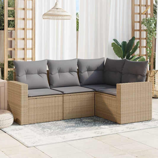 4-delige Loungeset met kussens poly rattan beige