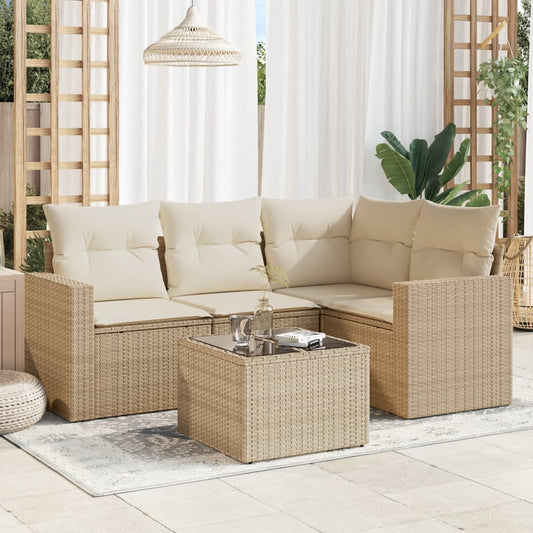 5-delige Loungeset met kussens poly rattan beige