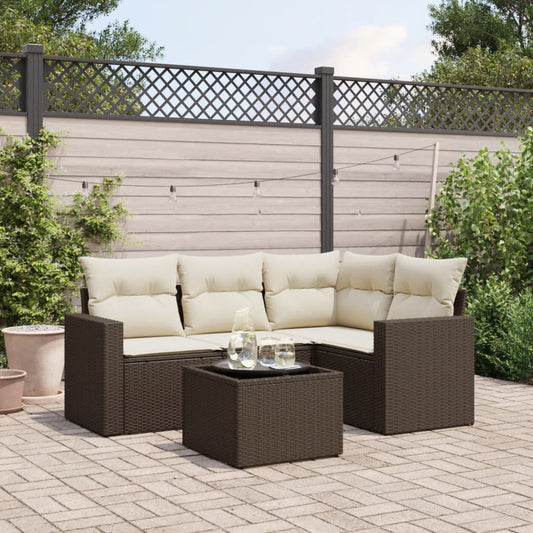 5-delige Loungeset met kussens poly rattan bruin