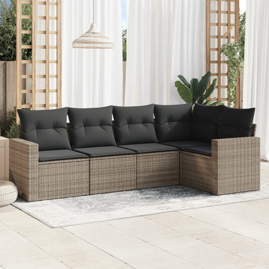 5-delige Loungeset met kussens poly rattan grijs