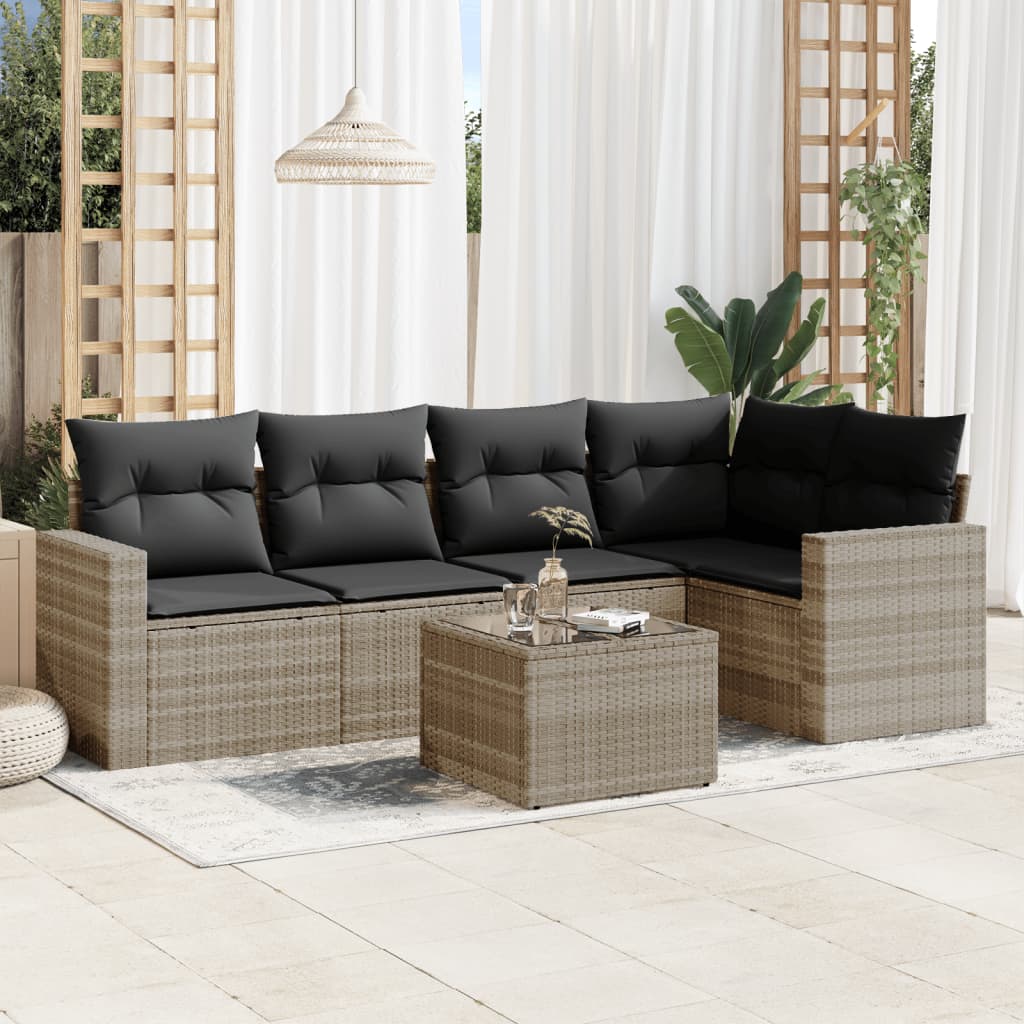 6-delige Loungeset met kussens poly rattan lichtgrijs Modulaire tuinbanken | Creëer jouw Trendy Thuis | Gratis bezorgd & Retour | Trendy.nl