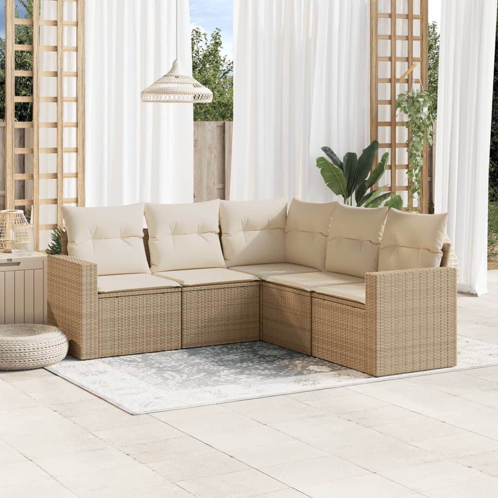 5-delige Loungeset met kussens poly rattan beige