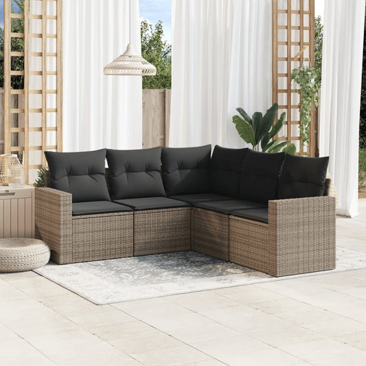 5-delige Loungeset met kussens poly rattan grijs