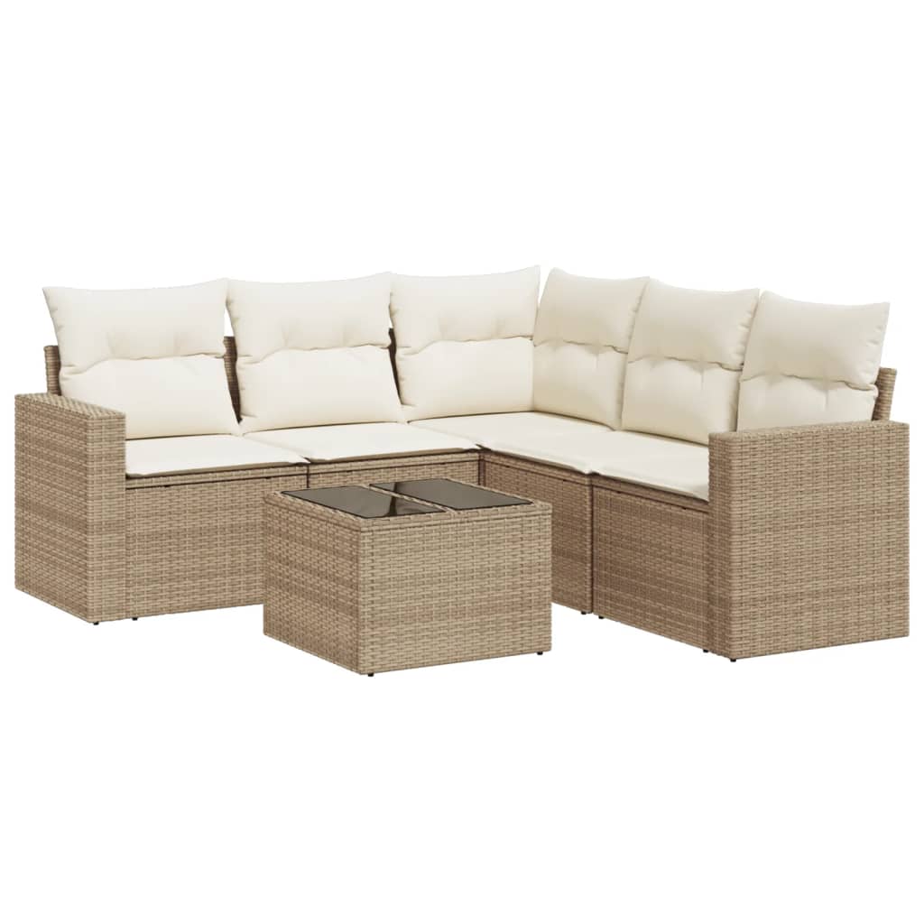 6-delige Loungeset met kussens poly rattan beige