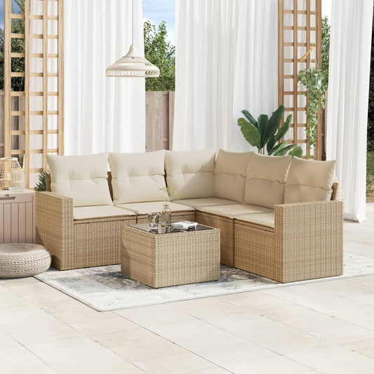 6-delige Loungeset met kussens poly rattan beige