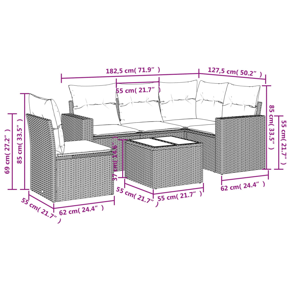 6-delige Loungeset met kussens poly rattan zwart Modulaire tuinbanken | Creëer jouw Trendy Thuis | Gratis bezorgd & Retour | Trendy.nl