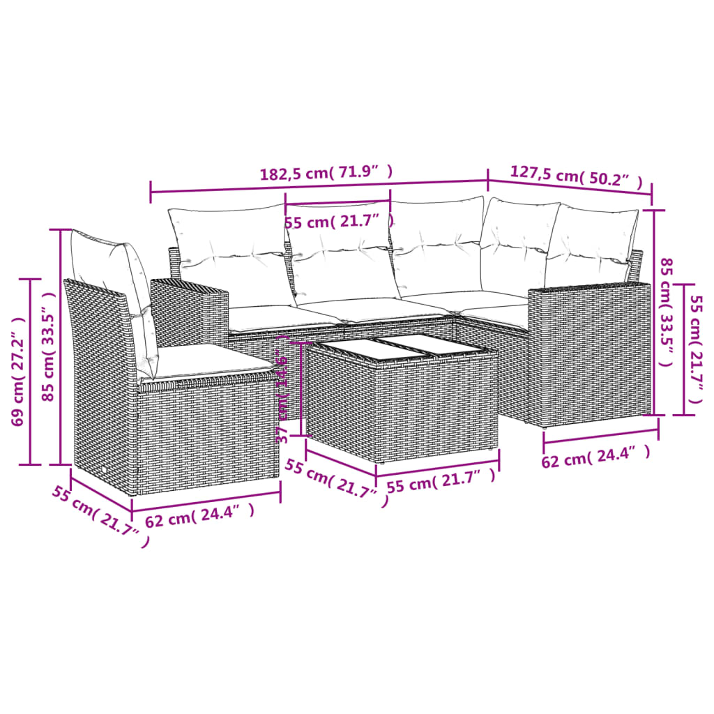 6-delige Loungeset met kussens poly rattan beige