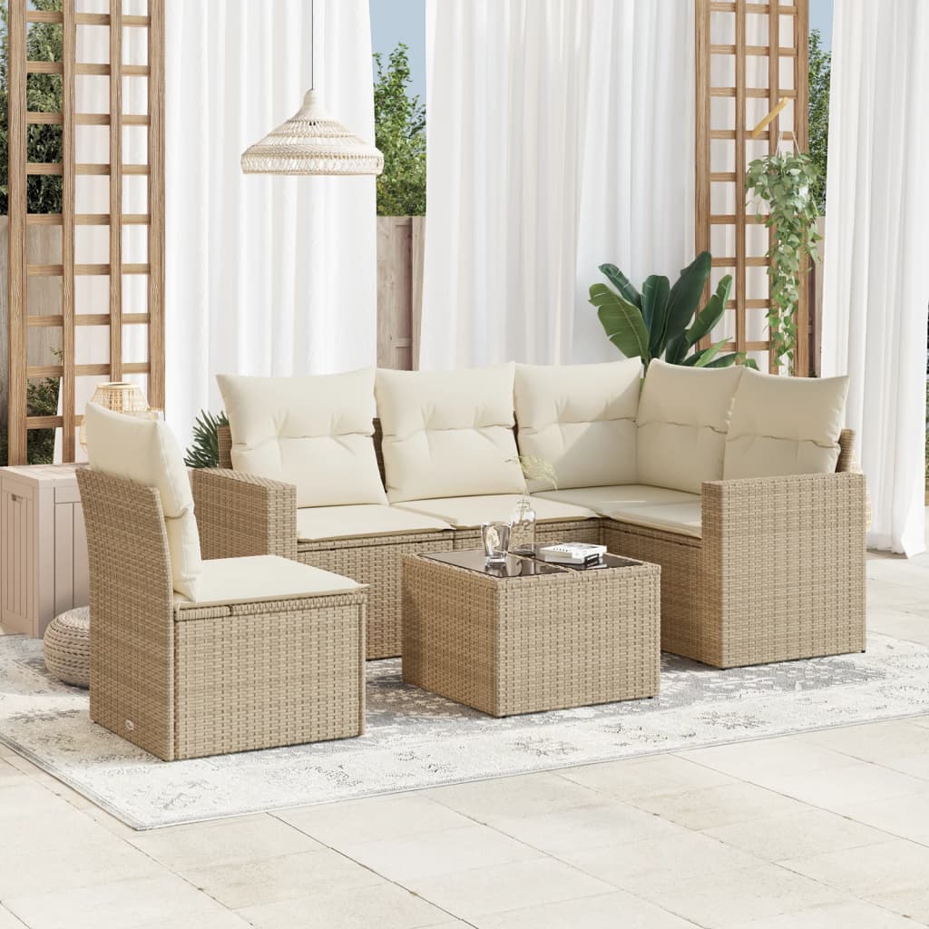 6-delige Loungeset met kussens poly rattan beige