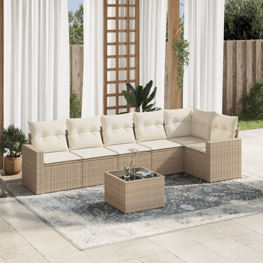 7-delige Loungeset met kussens poly rattan beige