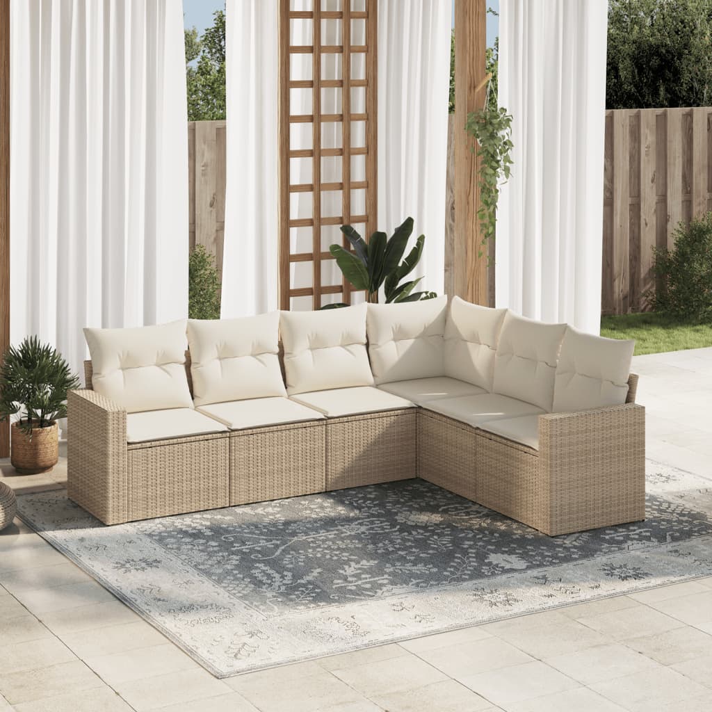 6-delige Loungeset met kussens poly rattan beige