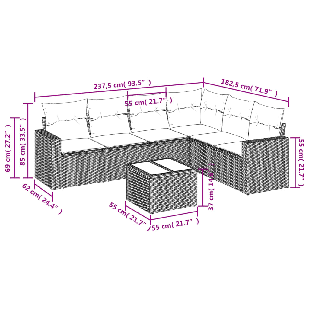 7-delige Loungeset met kussens poly rattan zwart Modulaire tuinbanken | Creëer jouw Trendy Thuis | Gratis bezorgd & Retour | Trendy.nl