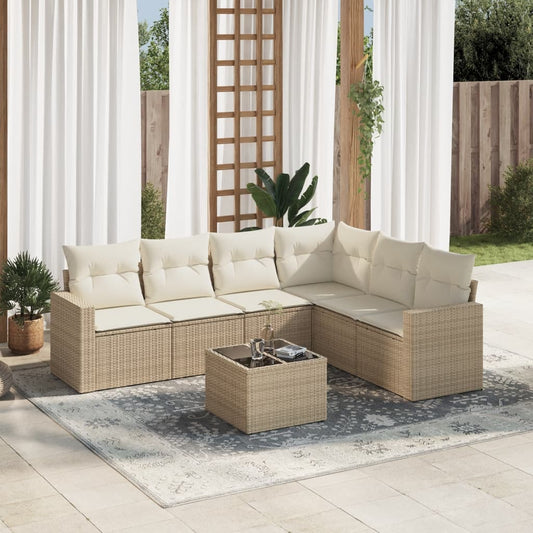 7-delige Loungeset met kussens poly rattan beige