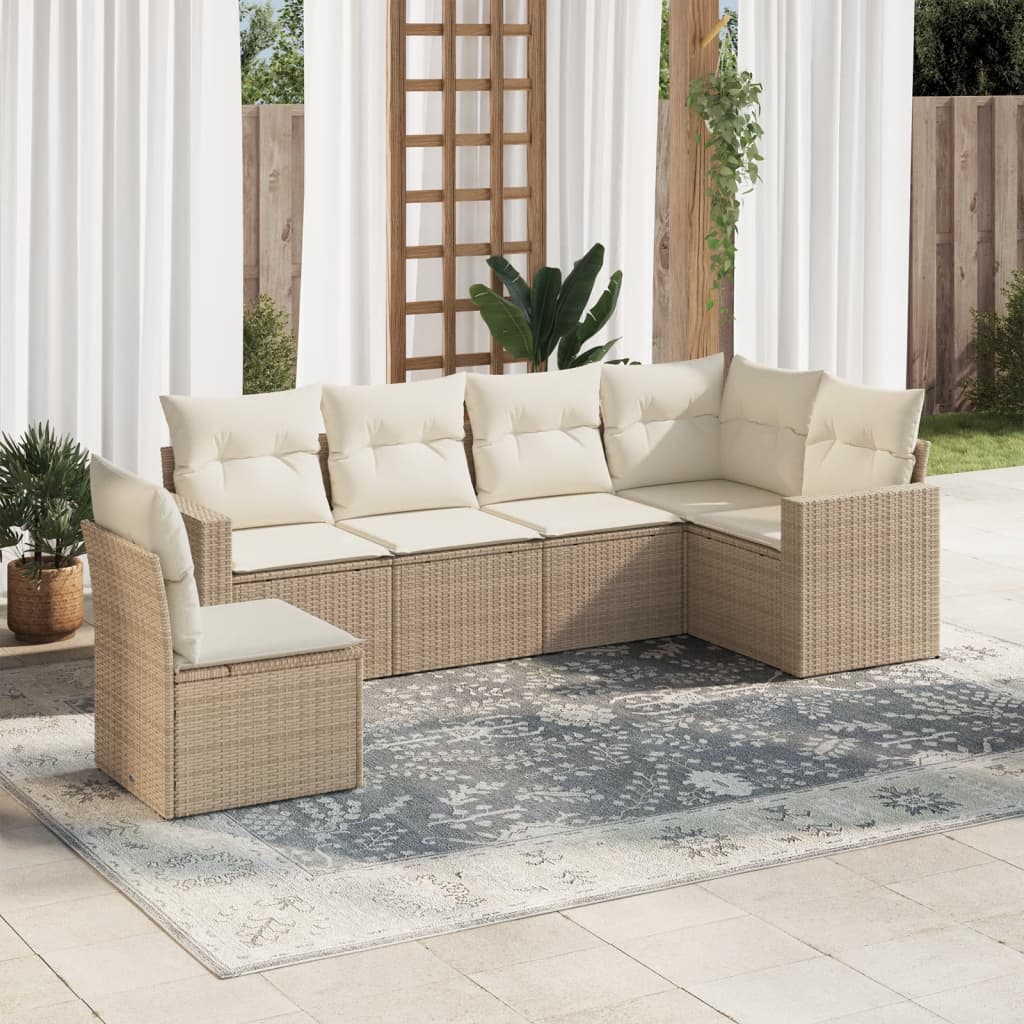 6-delige Loungeset met kussens poly rattan beige