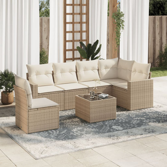 7-delige Loungeset met kussens poly rattan beige