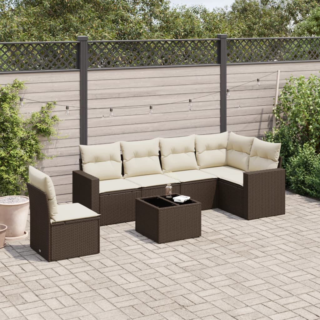 7-delige Loungeset met kussens poly rattan bruin