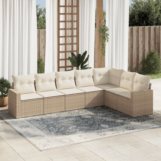 7-delige Loungeset met kussens poly rattan beige