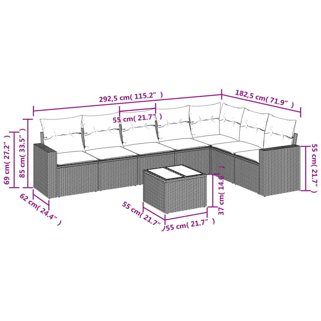 8-delige Loungeset met kussens poly rattan bruin