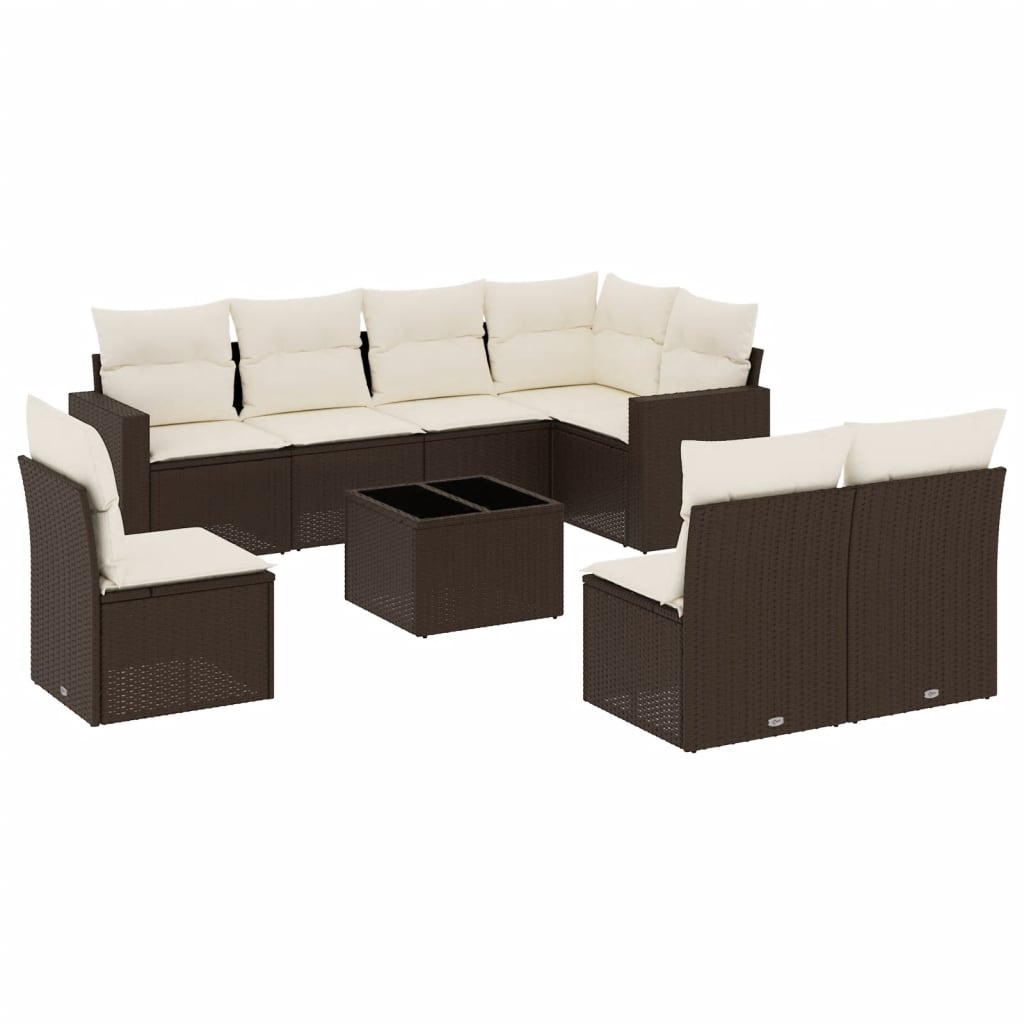 9-delige Loungeset met kussens poly rattan bruin