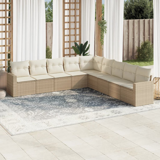 9-delige Loungeset met kussens poly rattan beige