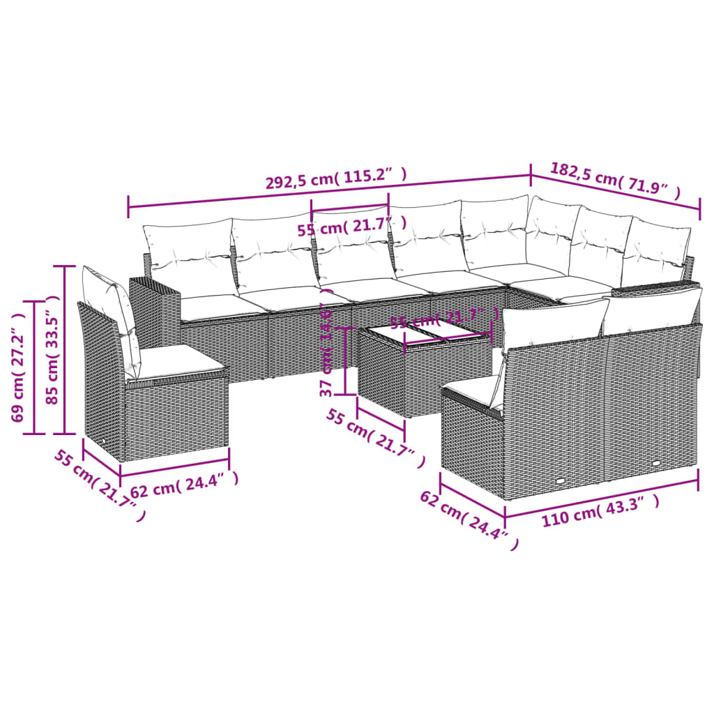 11-delige Tuinset met kussens poly rattan beige