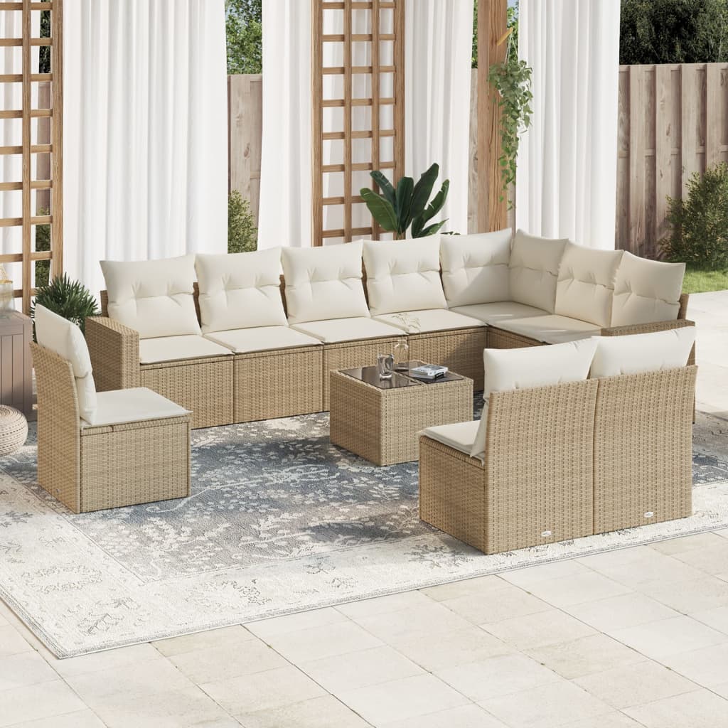 11-delige Tuinset met kussens poly rattan beige