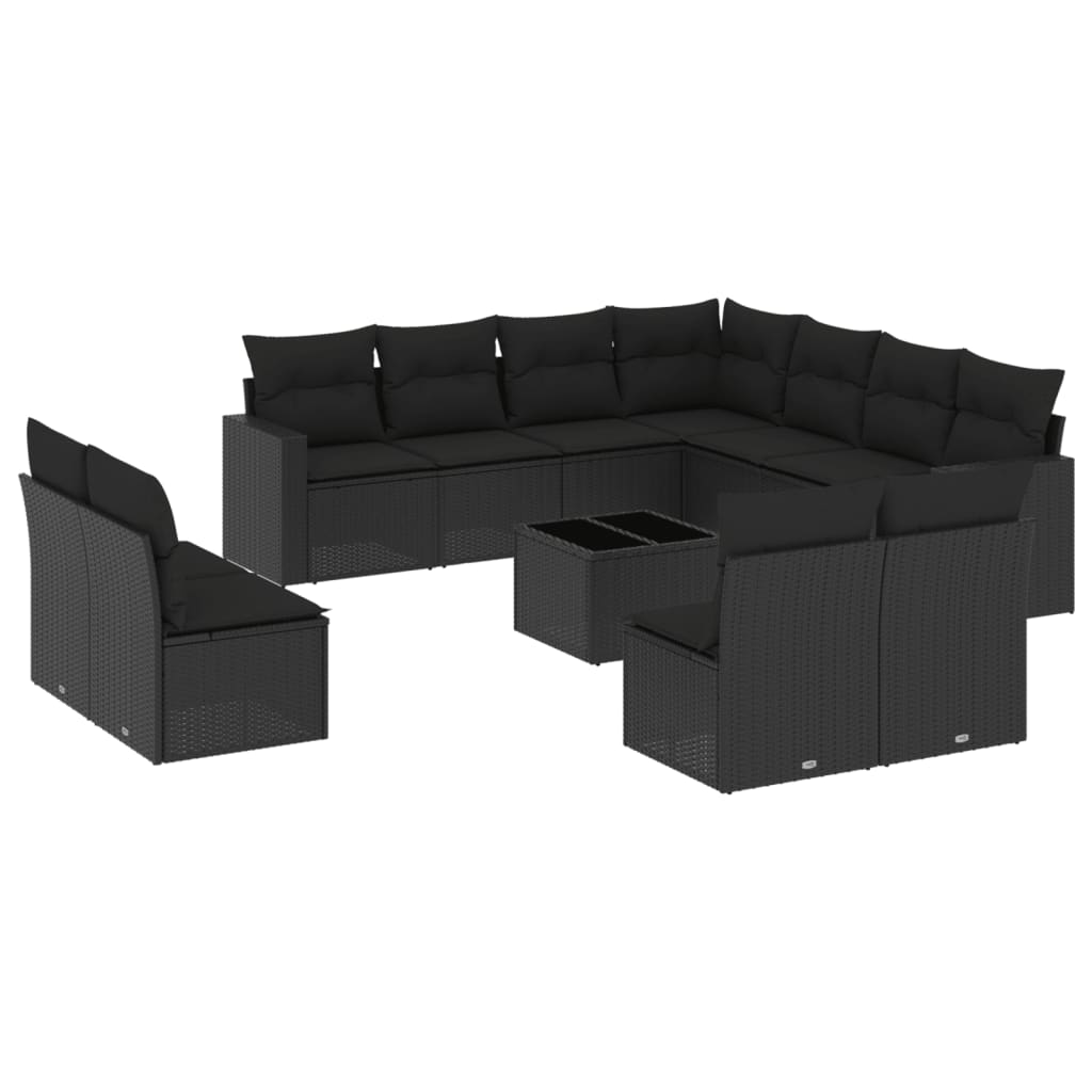 12-delige Loungeset met kussens poly rattan zwart