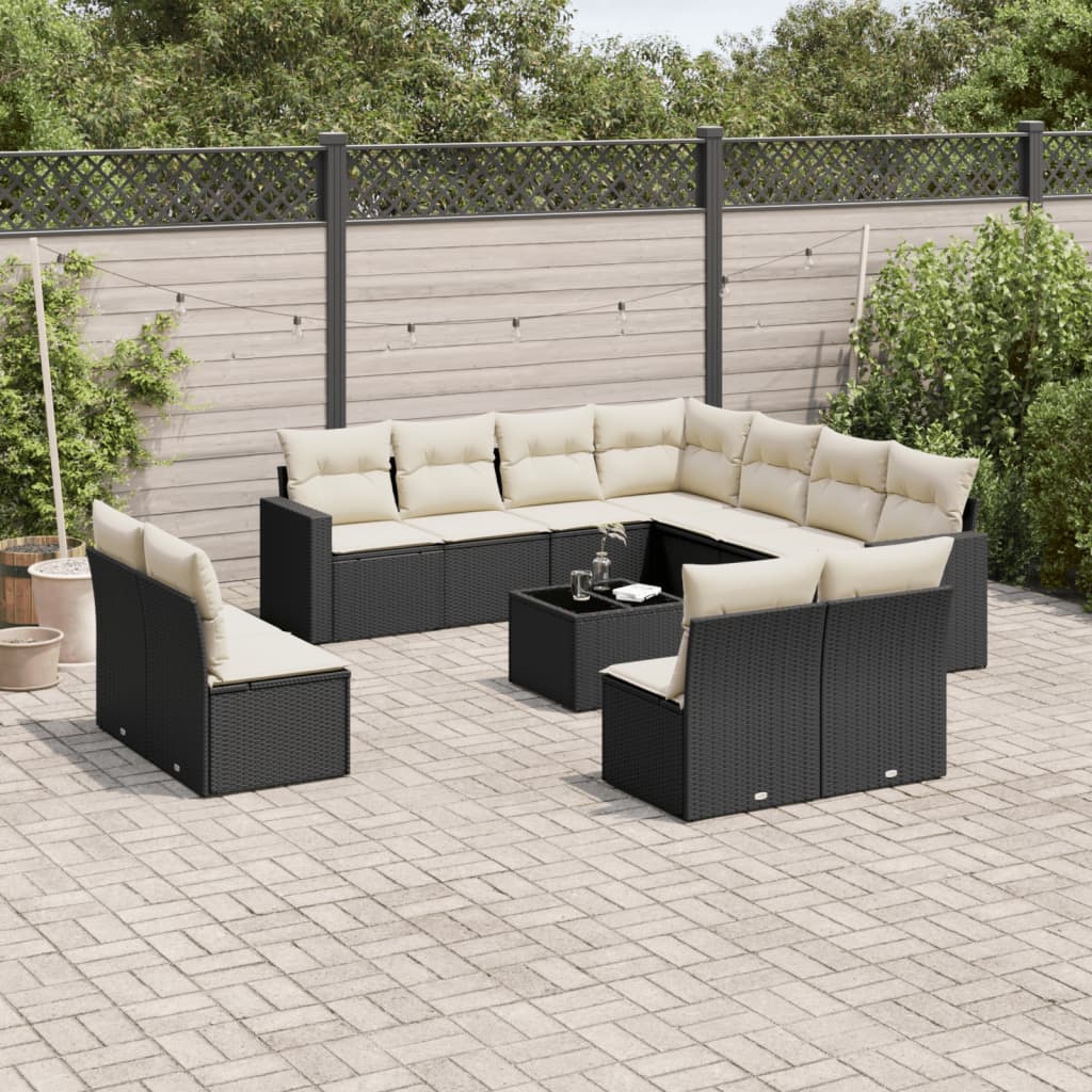 12-delige Loungeset met kussens poly rattan zwart