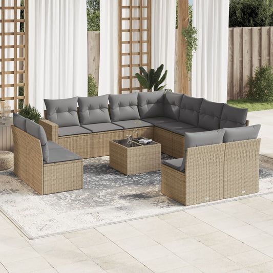 12-delige Loungeset met kussens poly rattan beige