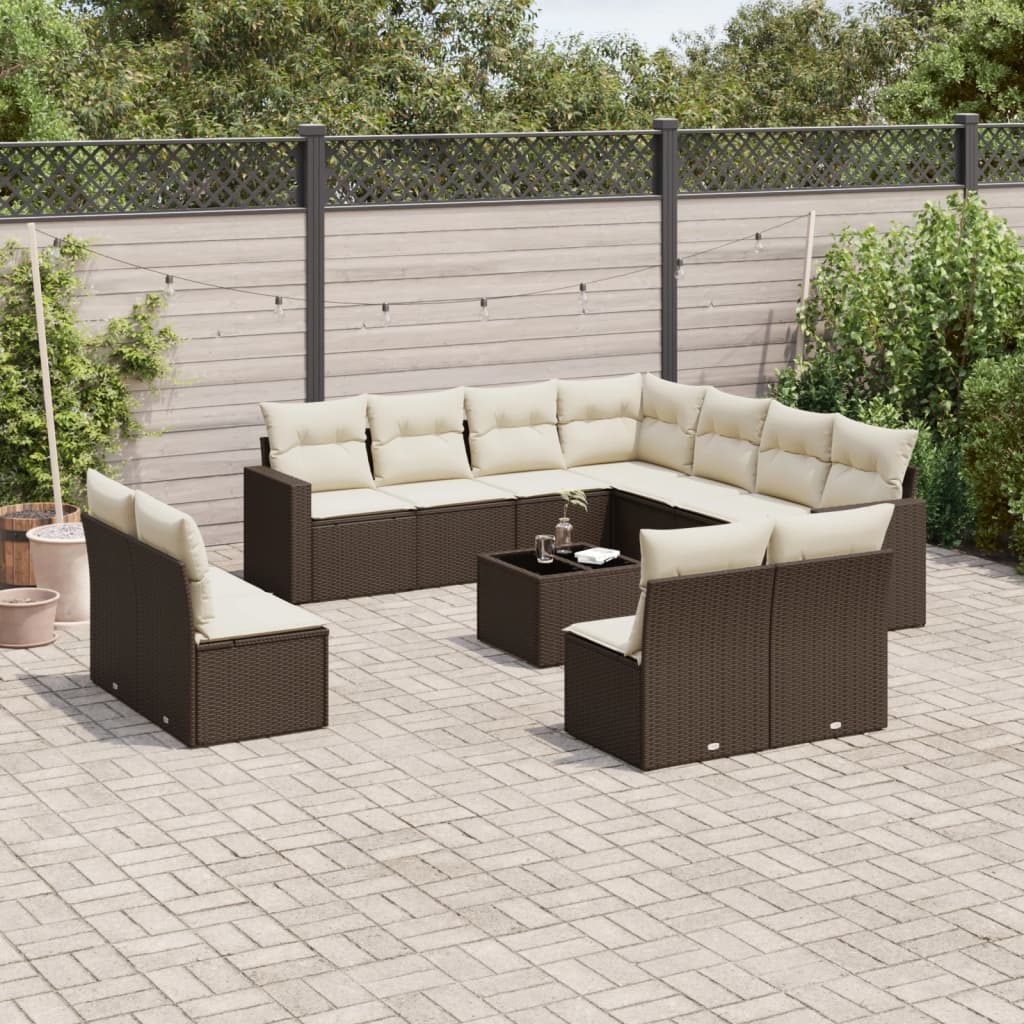 12-delige Loungeset met kussens poly rattan bruin