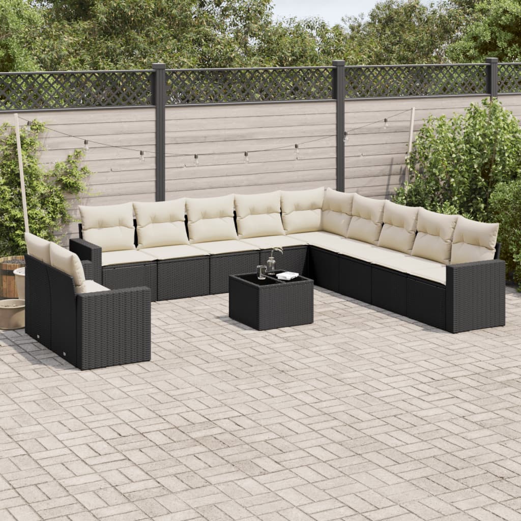 12-delige Loungeset met kussens poly rattan zwart