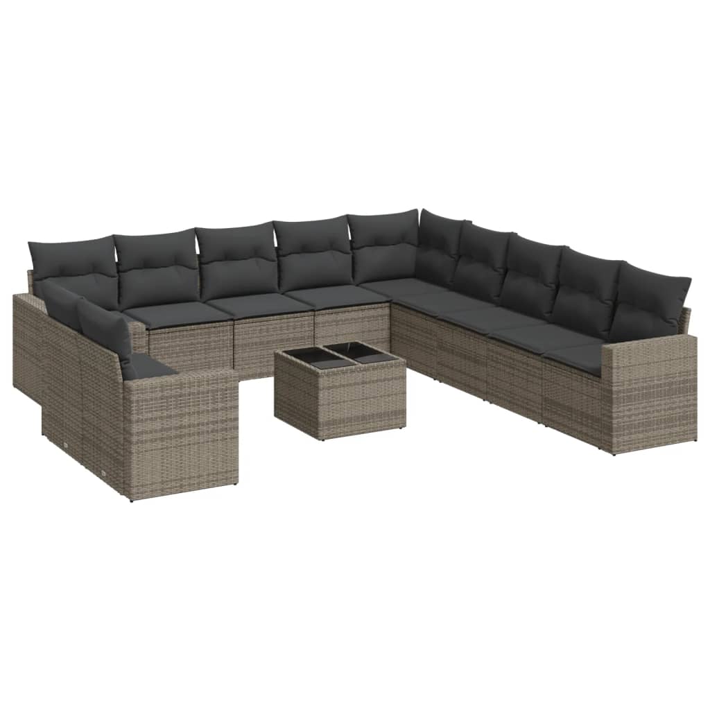 12-delige Loungeset met kussens poly rattan grijs