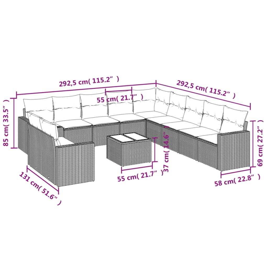 12-delige Loungeset met kussens poly rattan grijs