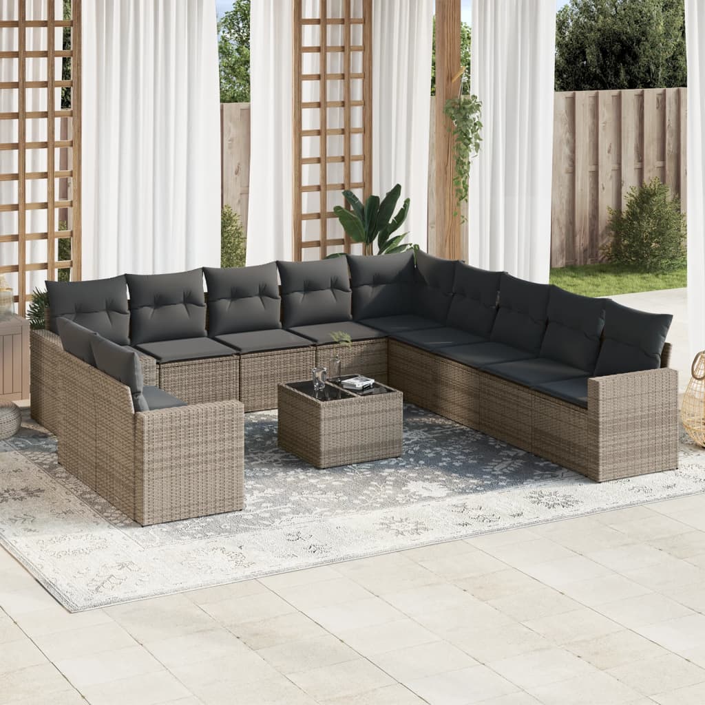 12-delige Loungeset met kussens poly rattan grijs