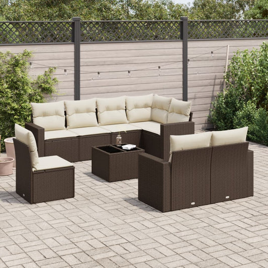 9-delige Loungeset met kussens poly rattan bruin