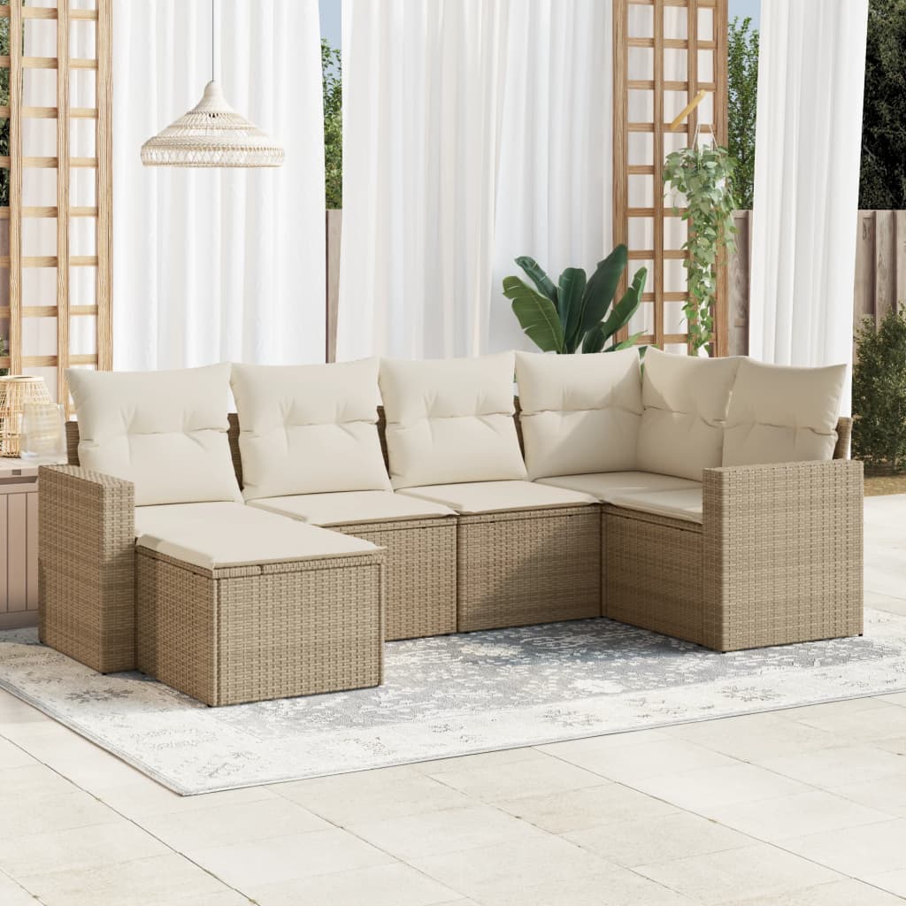 6-delige Loungeset met kussens poly rattan beige