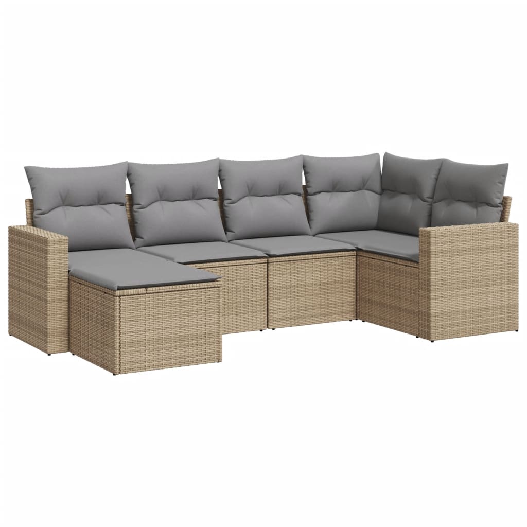 6-delige Loungeset met kussens poly rattan beige