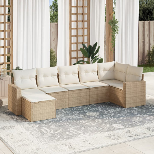 7-delige Loungeset met kussens poly rattan beige