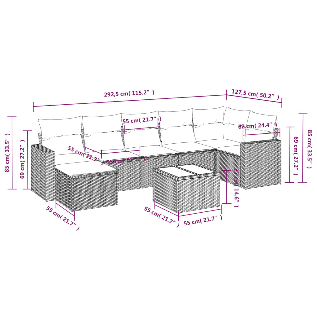 8-delige Loungeset met kussens poly rattan beige