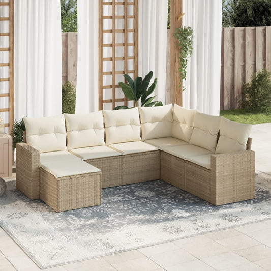 7-delige Loungeset met kussens poly rattan beige