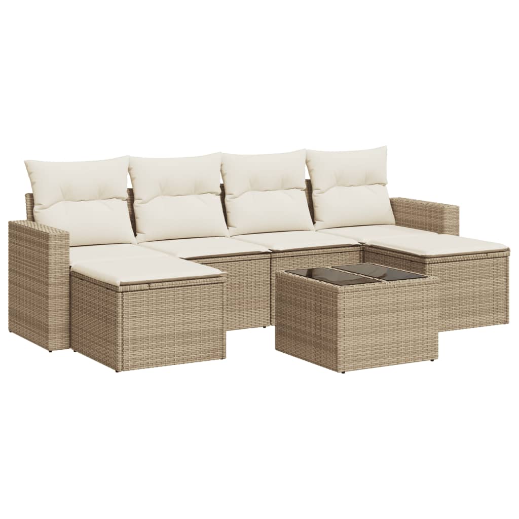 7-delige Loungeset met kussens poly rattan beige