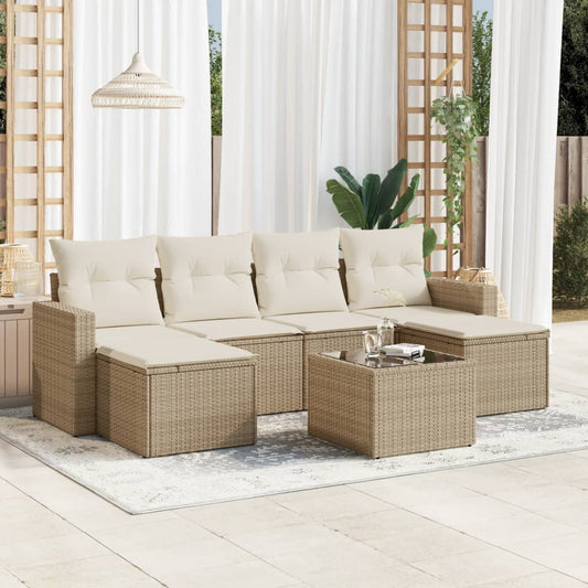 7-delige Loungeset met kussens poly rattan beige